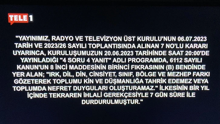 TELE1 ekranları 7 günlüğüne karartıldı!