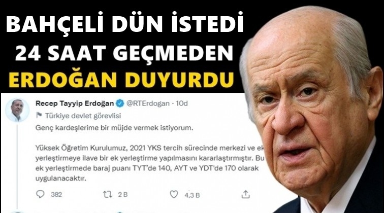 Bah&ccedil;eli istedi Erdoğan YKS'de baraj d&uuml;ş&uuml;rd&uuml;!