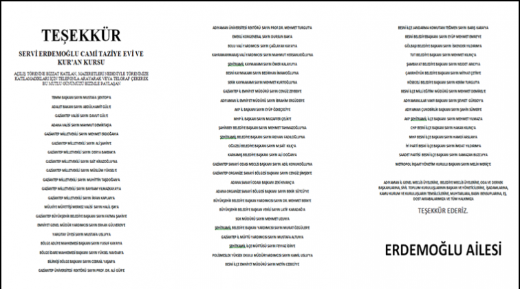 Erdemoğlu Ailesi'nden teşekk&uuml;r