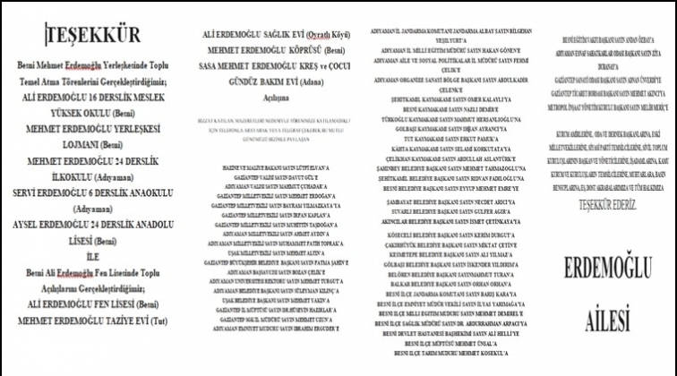 Erdemoğlu Ailesi'nden teşekk&uuml;r...