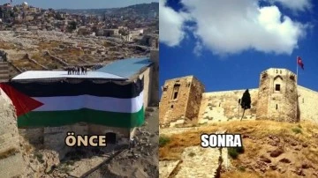 Gaziantep Kalesi’ne Filistin bayrağı asılmasına tepki yağdı!