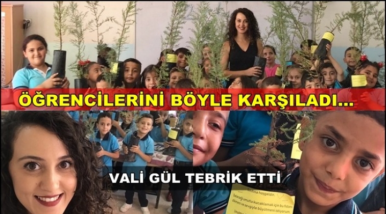 Öğrencilerini fidanlarla karşıladı, Vali Gül tebrik etti