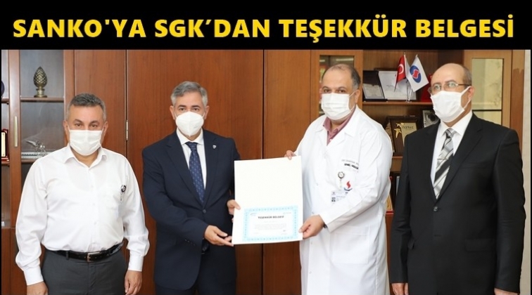 SGK'dan Sanko'ya teşekk&uuml;r belgesi...