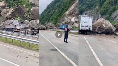 ARTVİN'DE HEYELAN, TIRLARIN ÜZERİNE KAYALAR DÜŞTÜ!