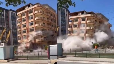 GAZİANTEP'TE HASARLI BİNA BÖYLE YIKILDI!